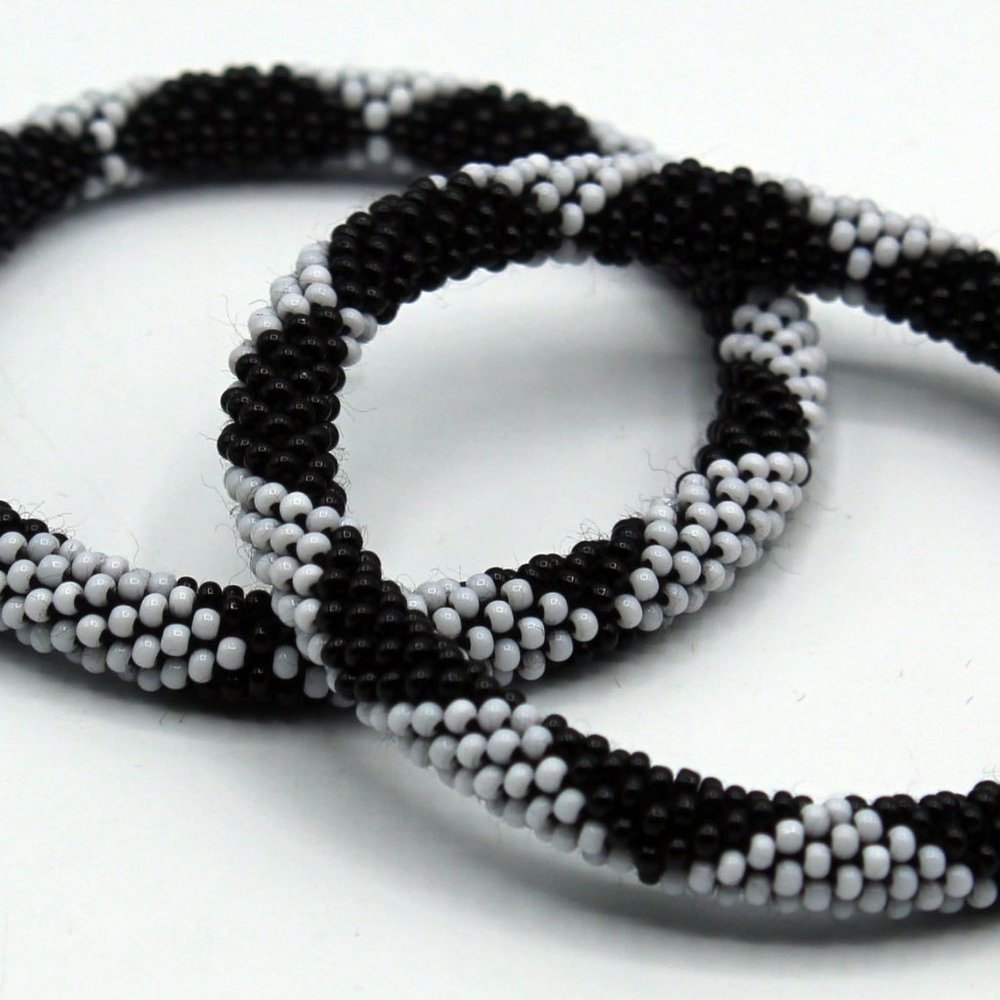 Set of 2 Black and White Colors Pattern Roll Over Handmade Glass Beaded Crochet